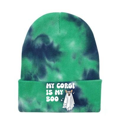 My Corgi Dog Is My Boo Spooky Season Ghost Halloween Groovy Gift Tie Dye 12in Knit Beanie