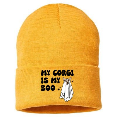 My Corgi Dog Is My Boo Spooky Season Ghost Halloween Groovy Meaningful Gift Sustainable Knit Beanie