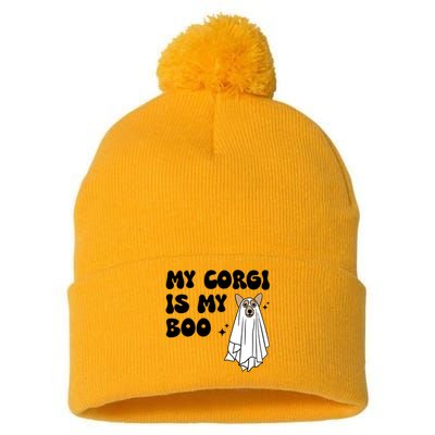 My Corgi Dog Is My Boo Spooky Season Ghost Halloween Groovy Meaningful Gift Pom Pom 12in Knit Beanie