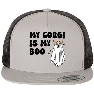 My Corgi Dog Is My Boo Spooky Season Ghost Halloween Groovy Meaningful Gift Flat Bill Trucker Hat