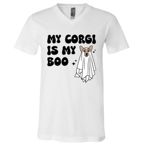 My Corgi Dog Is My Boo Spooky Season Ghost Halloween Groovy Meaningful Gift V-Neck T-Shirt