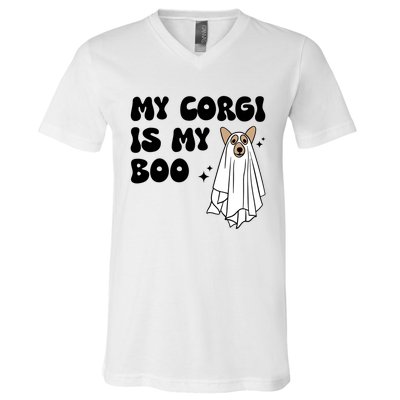 My Corgi Dog Is My Boo Spooky Season Ghost Halloween Groovy Meaningful Gift V-Neck T-Shirt