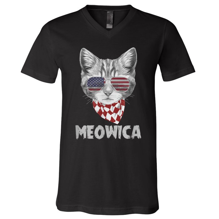 Meowica Cat Dad-dy Mom-my, July 4th Boy Girl Funny V-Neck T-Shirt