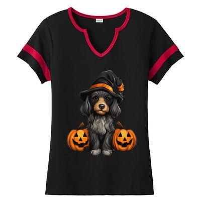 Merchweaver Cute Dog Lovers Halloween Pumpkin Gift Ladies Halftime Notch Neck Tee