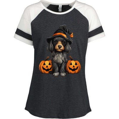 Merchweaver Cute Dog Lovers Halloween Pumpkin Gift Enza Ladies Jersey Colorblock Tee