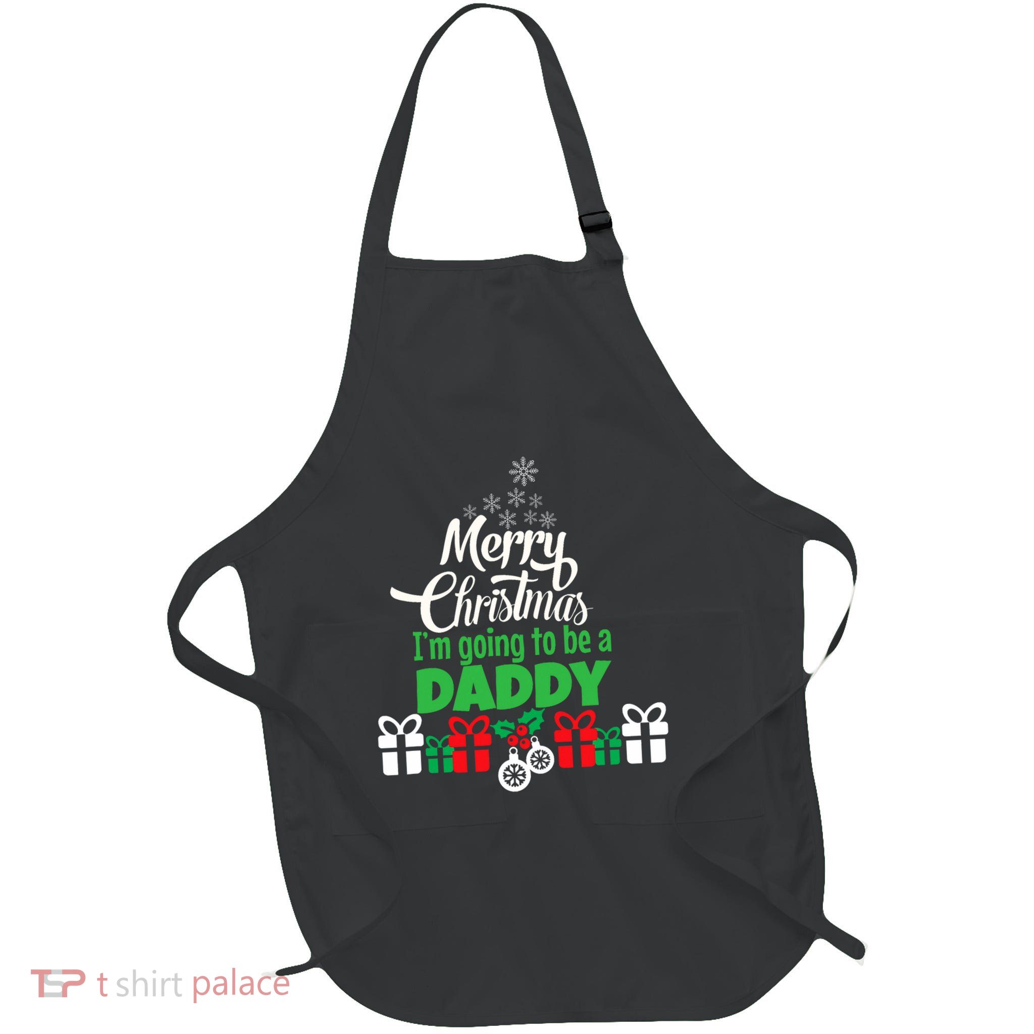 Merry Christmas Expecting Dad Pregnant Wife Full-Length Apron With Pockets