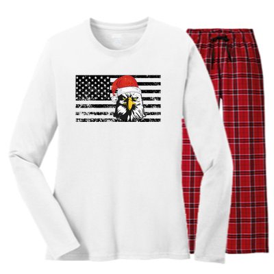 Merry Christmas Eagle Usa Flag Costume Santa Hat Xmas Hat Women's Long Sleeve Flannel Pajama Set 