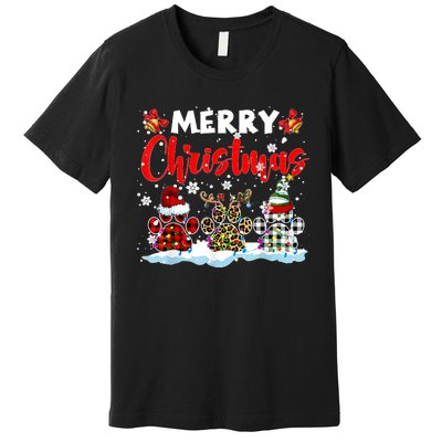 Merry Christmas Elf Reindeer Santa Plaid Leopard Dog Paws Premium T-Shirt