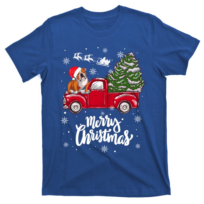 Merry Christmas English Bulldog Santa Red Truck Xmas Tree Gift T-Shirt