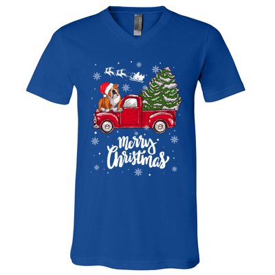 Merry Christmas English Bulldog Santa Red Truck Xmas Tree Gift V-Neck T-Shirt