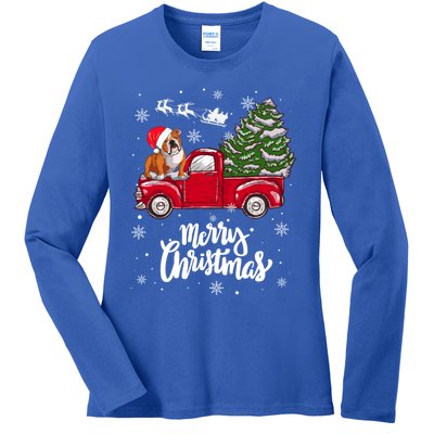 Merry Christmas English Bulldog Santa Red Truck Xmas Tree Gift Ladies Long Sleeve Shirt