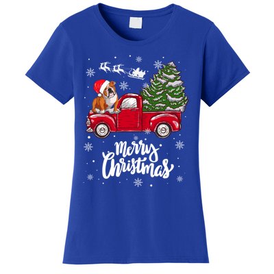 Merry Christmas English Bulldog Santa Red Truck Xmas Tree Gift Women's T-Shirt