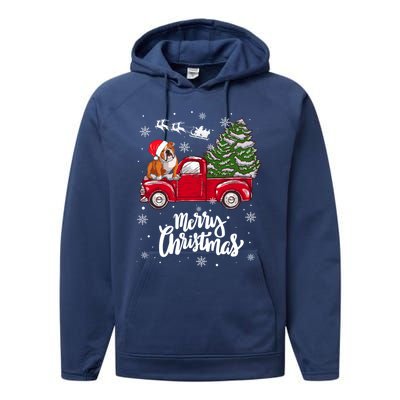 Merry Christmas English Bulldog Santa Red Truck Xmas Tree Gift Performance Fleece Hoodie