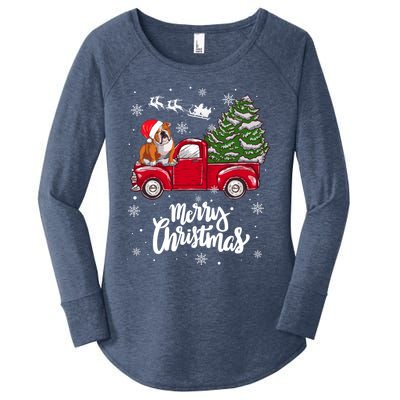 Merry Christmas English Bulldog Santa Red Truck Xmas Tree Gift Women's Perfect Tri Tunic Long Sleeve Shirt