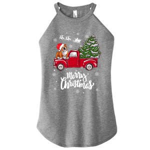 Merry Christmas English Bulldog Santa Red Truck Xmas Tree Gift Women’s Perfect Tri Rocker Tank