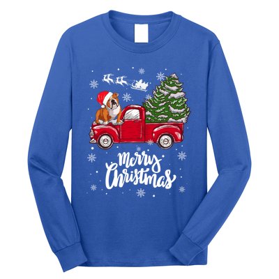 Merry Christmas English Bulldog Santa Red Truck Xmas Tree Gift Long Sleeve Shirt