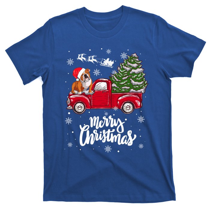 Merry Christmas English Bulldog Santa Red Truck Xmas Tree Gift T-Shirt