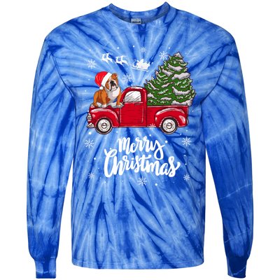 Merry Christmas English Bulldog Santa Red Truck Xmas Tree Gift Tie-Dye Long Sleeve Shirt