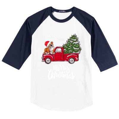 Merry Christmas English Bulldog Santa Red Truck Xmas Tree Gift Baseball Sleeve Shirt