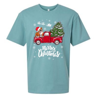 Merry Christmas English Bulldog Santa Red Truck Xmas Tree Gift Sueded Cloud Jersey T-Shirt