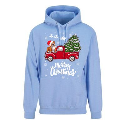 Merry Christmas English Bulldog Santa Red Truck Xmas Tree Gift Unisex Surf Hoodie