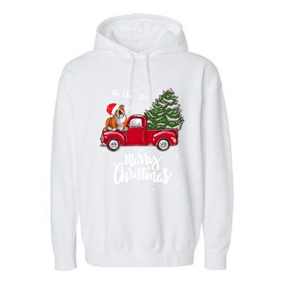 Merry Christmas English Bulldog Santa Red Truck Xmas Tree Gift Garment-Dyed Fleece Hoodie