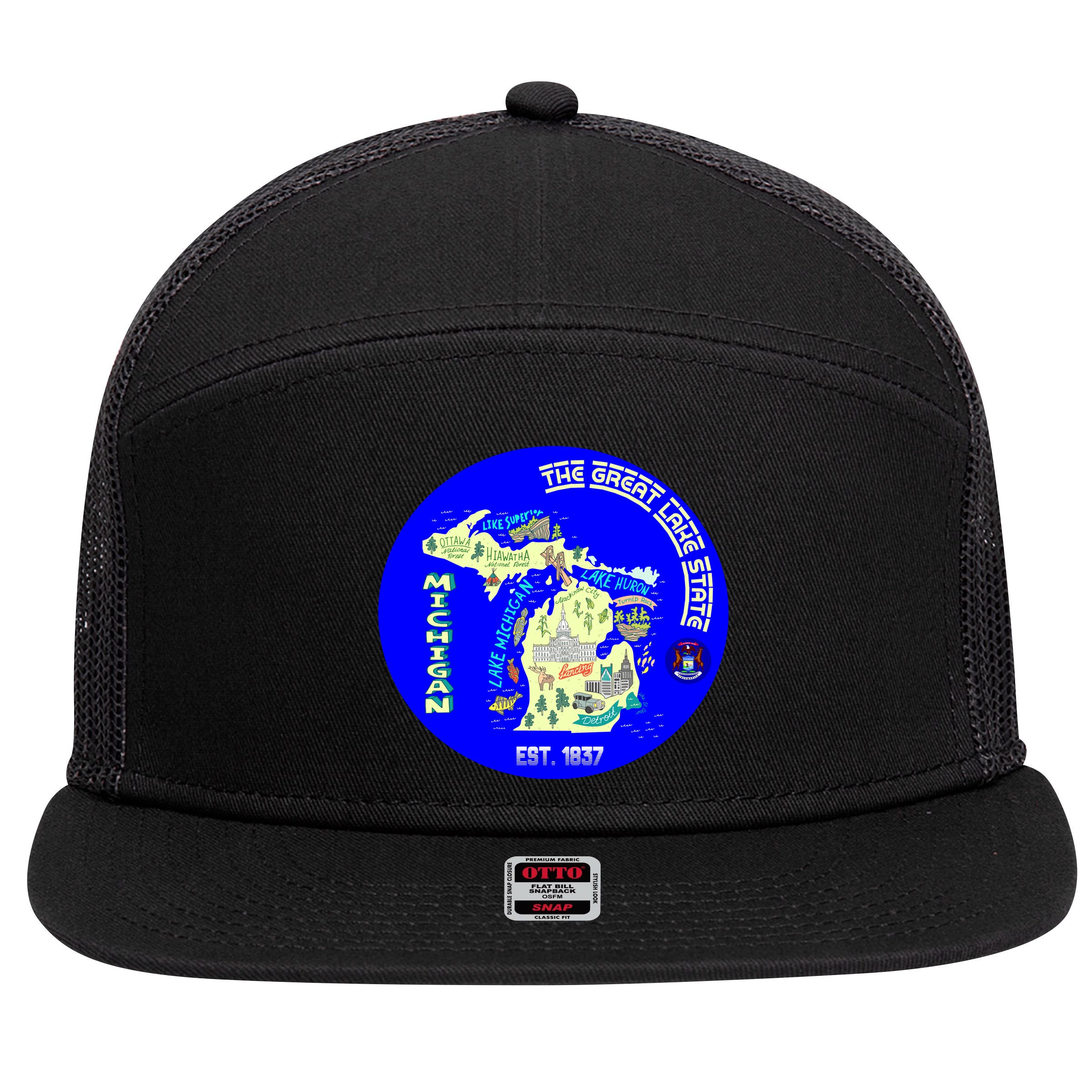 Michigan Circle Emblem The Great Lake State 7 Panel Mesh Trucker Snapback Hat