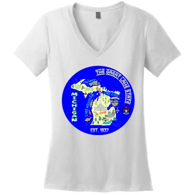 Michigan Circle Emblem The Great Lake State Women's V-Neck T-Shirt