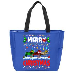 Merry Christmas Funny Buffalo Plaid Moose Animals Xmas Gift Zip Tote Bag