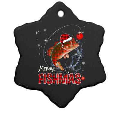 Merry Christmas Fishmas Fishing Reel Santa Snow Ceramic Star Ornament