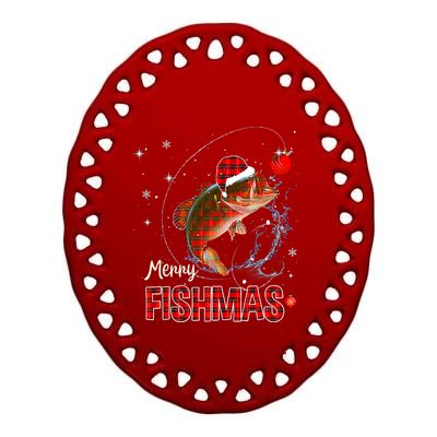 Merry Christmas Fishmas Fishing Reel Santa Snow Ceramic Oval Ornament