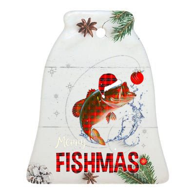 Merry Christmas Fishmas Fishing Reel Santa Snow Ceramic Bell Ornament