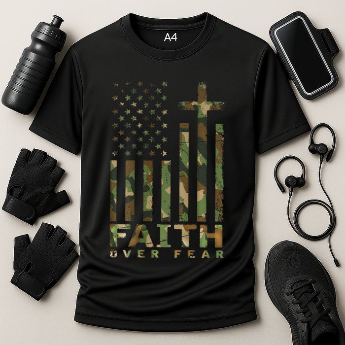 Military Camo Faith Over Fear Inspirational Christian Cooling Performance Crew T-Shirt