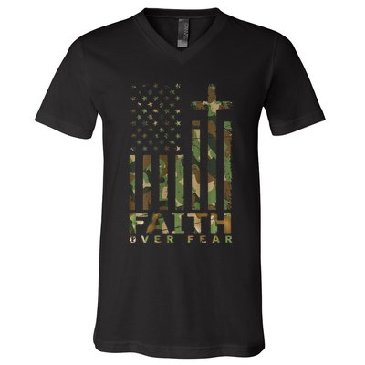 Military Camo Faith Over Fear Inspirational Christian V-Neck T-Shirt