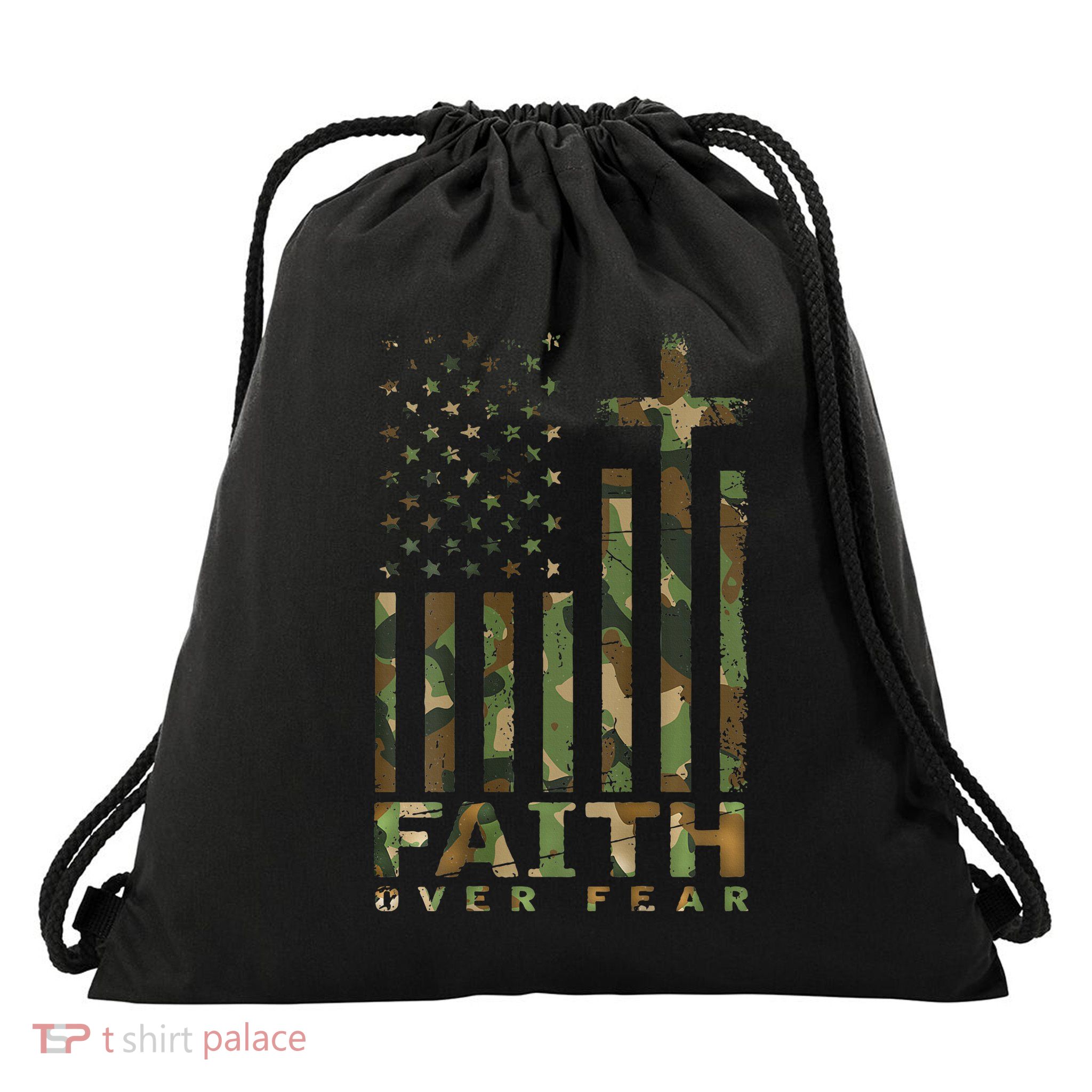 Military Camo Faith Over Fear Inspirational Christian Drawstring Bag