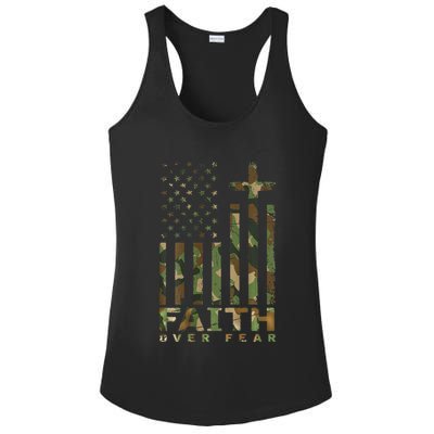 Military Camo Faith Over Fear Inspirational Christian Ladies PosiCharge Competitor Racerback Tank