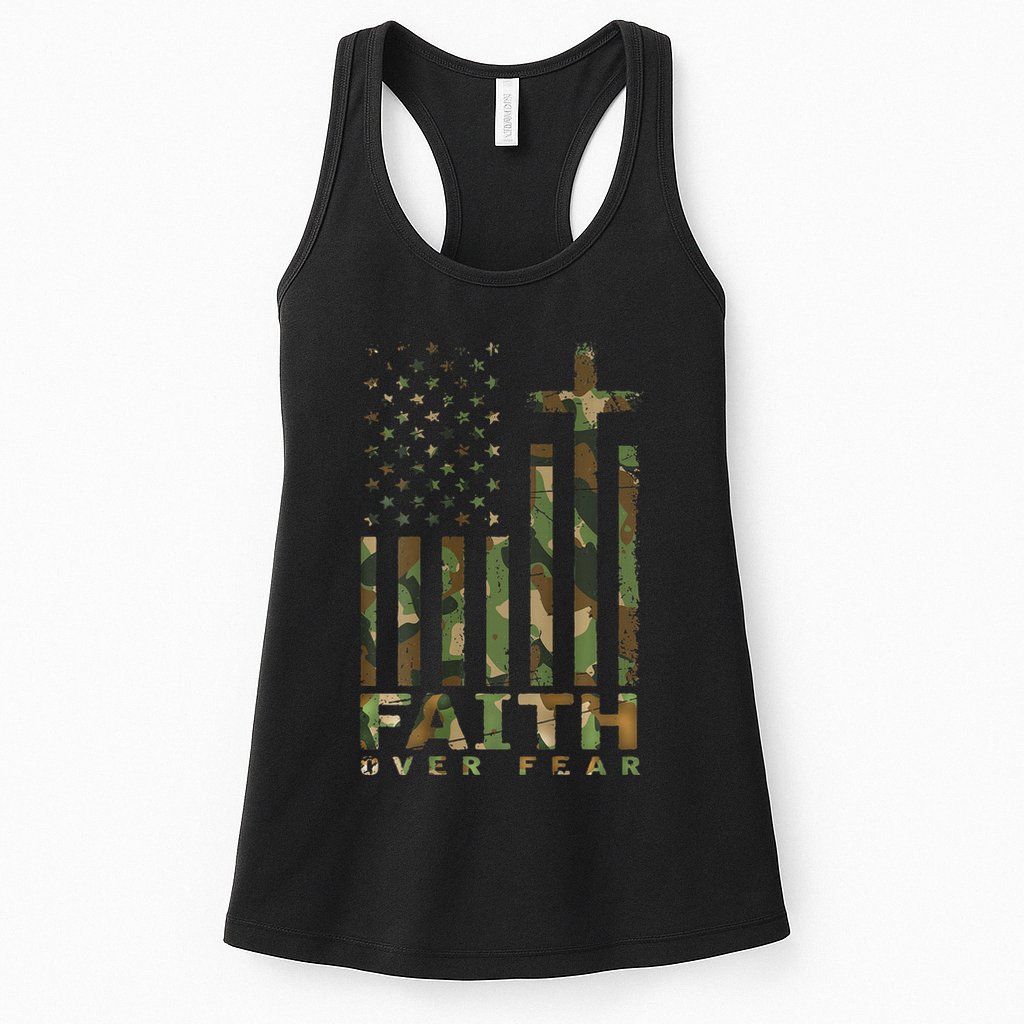 Military Camo Faith Over Fear Inspirational Christian Womens Tank Top