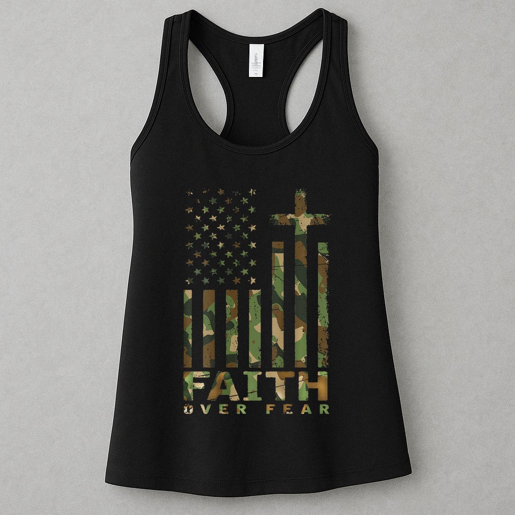 Military Camo Faith Over Fear Inspirational Christian Womens Tank Top