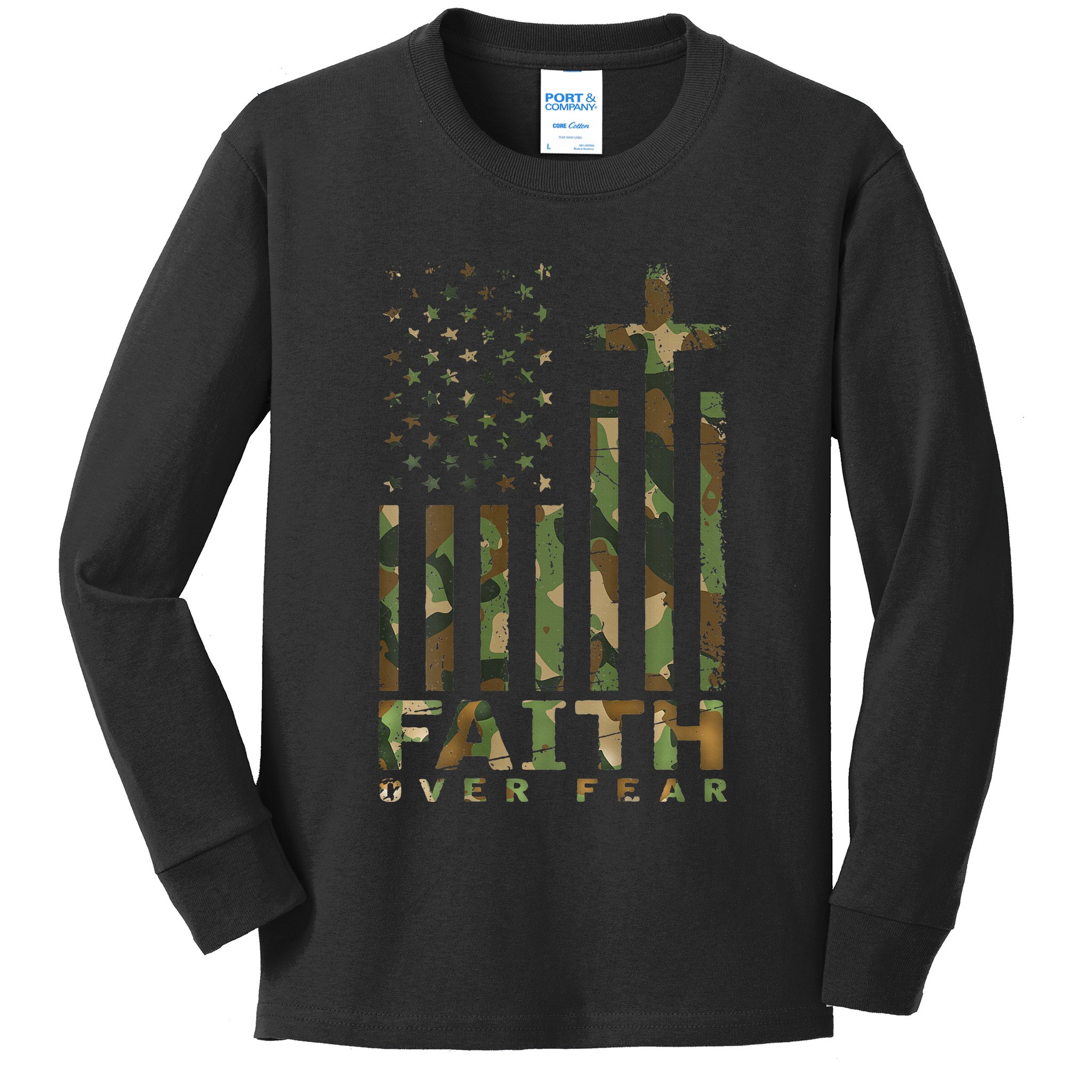 Military Camo Faith Over Fear Inspirational Christian Kids Long Sleeve Shirt