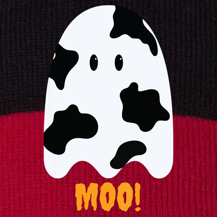 Moo Cute Funny Cow Print Ghost Halloween Tee Pom Pom 12in Knit Beanie