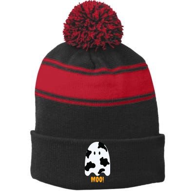 Moo Cute Funny Cow Print Ghost Halloween Tee Stripe Pom Pom Beanie