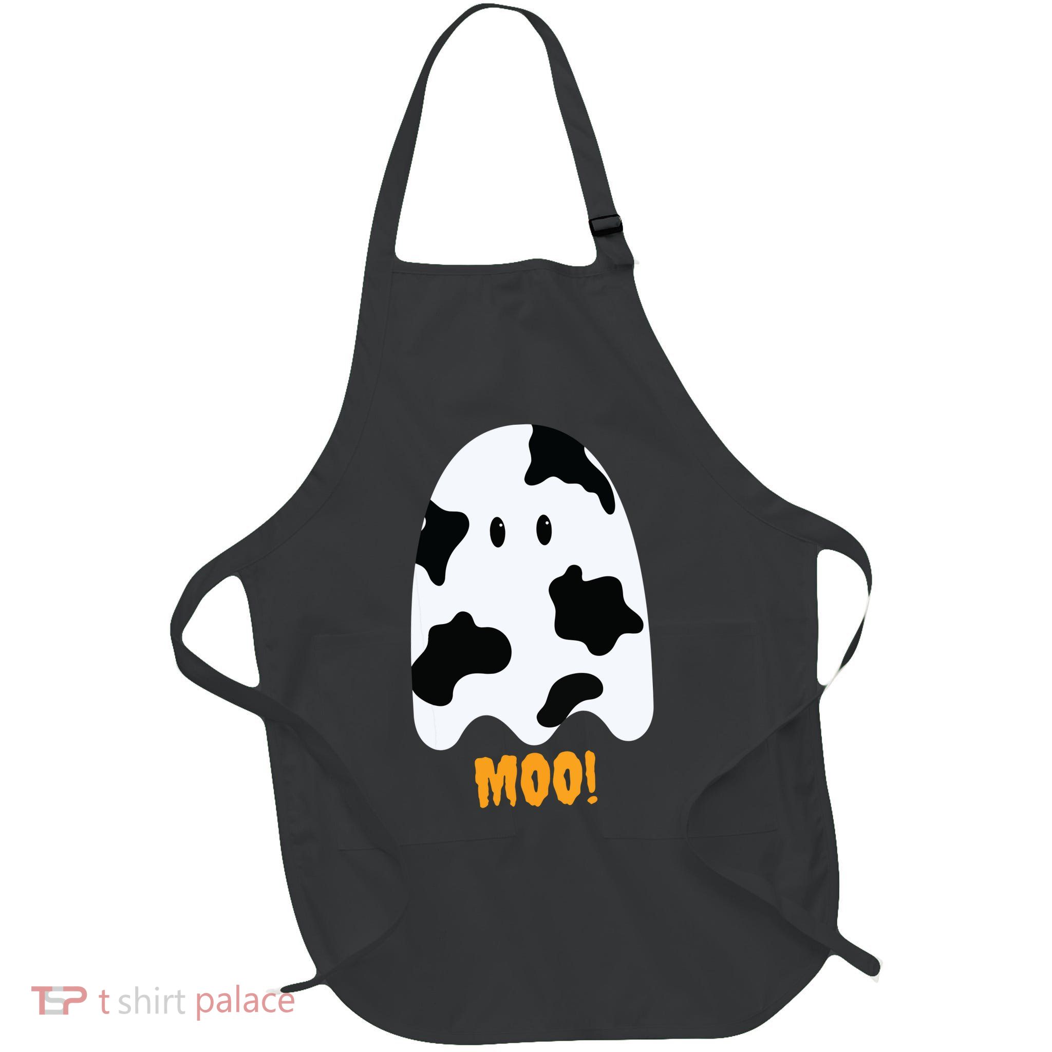 Moo Cute Funny Cow Print Ghost Halloween Tee Apron