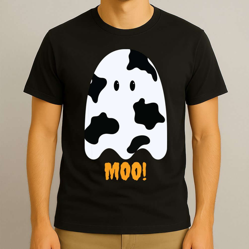 Moo Cute Funny Cow Print Ghost Halloween Tee T-Shirt