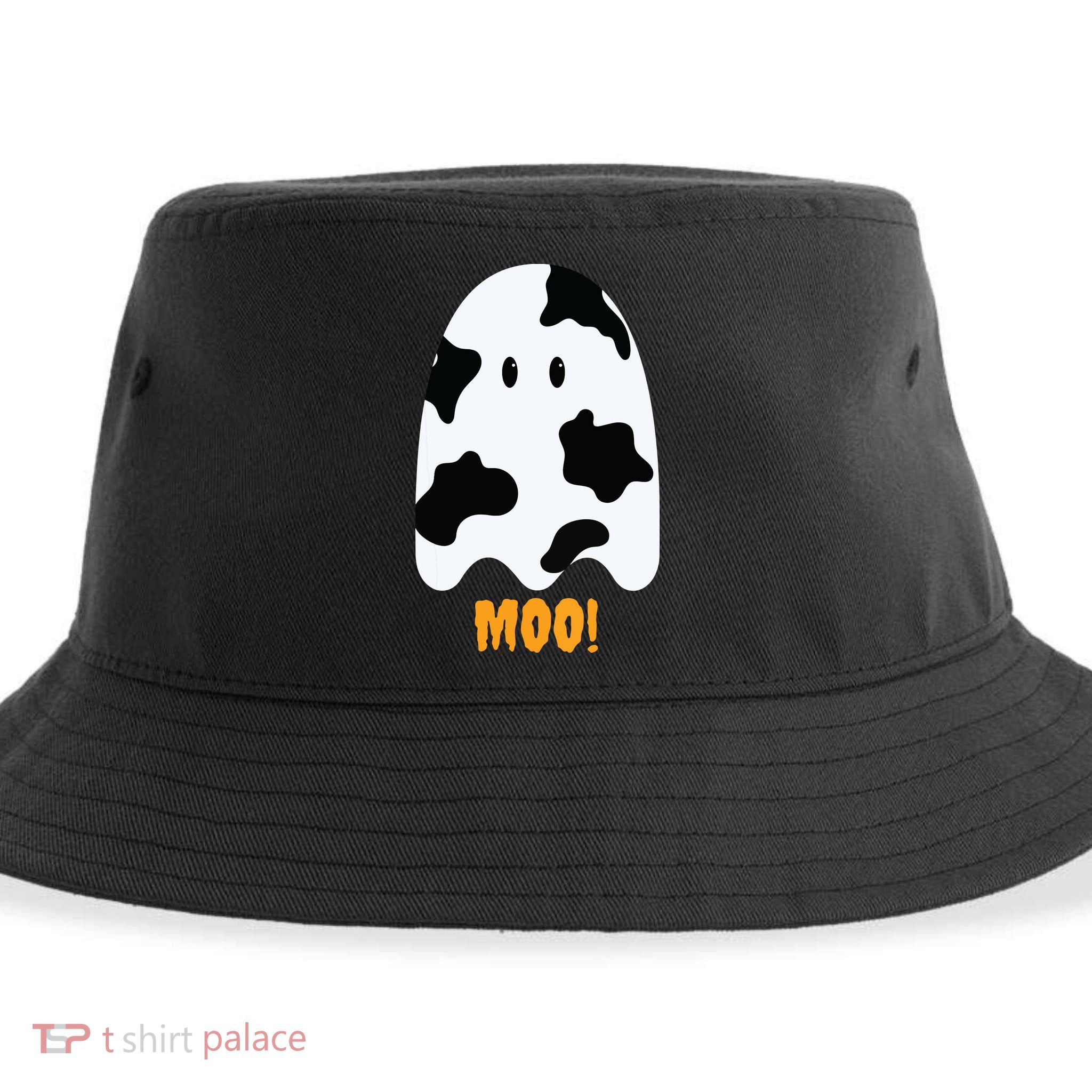 Moo Cute Funny Cow Print Ghost Halloween Tee Sustainable Bucket Hat