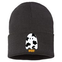Moo Cute Funny Cow Print Ghost Halloween Tee Sustainable Knit Beanie