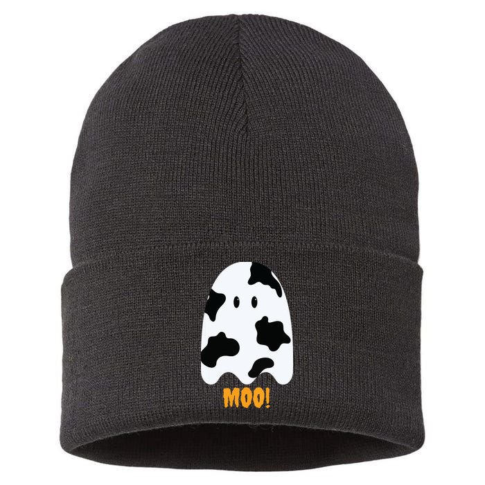 Moo Cute Funny Cow Print Ghost Halloween Tee Sustainable Knit Beanie