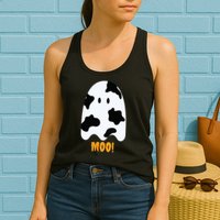 Moo Cute Funny Cow Print Ghost Halloween Tee Womens Tank Top