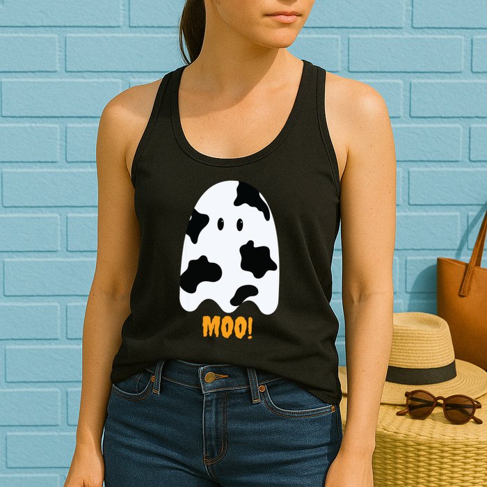 Moo Cute Funny Cow Print Ghost Halloween Tee Womens Tank Top