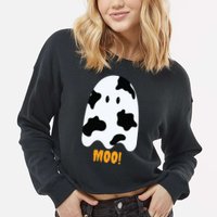 Moo Cute Funny Cow Print Ghost Halloween Tee Cropped Pullover Crew