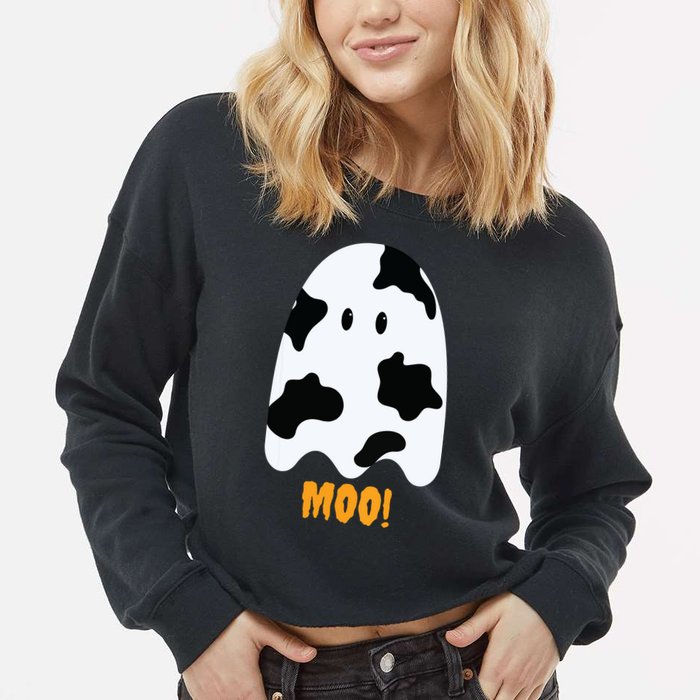 Moo Cute Funny Cow Print Ghost Halloween Tee Cropped Pullover Crew